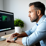 A focused male professional in his late 30s, dressed in modest business casual attire, seated at a modern, minimalist desk. He is looking intently at a computer screen displaying a complex problem or lines of code, with a determined yet thoughtful expression, hinting at overcoming a challenge. The background is a well-lit, uncluttered home office with subtle, professional decor. The lighting is soft and natural. Professional photography, high resolution, perfect anatomy, correct proportions, natural pose, well-formed hands, proper finger count, natural body proportions, fully clothed, appropriate attire, safe for work, appropriate content, professional, family-friendly.