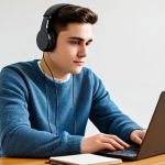 A focused young adult student, fully clothed in a modest sweater and jeans, wearing over-ear headphones, intently working on a laptop at a modern wooden desk. The desk is organized with open textbooks and a warm beverage. The background is a brightly lit, contemporary study room with soft, ambient lighting. The person has perfect anatomy, correct proportions, a natural pose, well-formed hands, and proper finger count. Professional photography, high quality, ultra-detailed, safe for work, appropriate content, professional, modest, family-friendly.