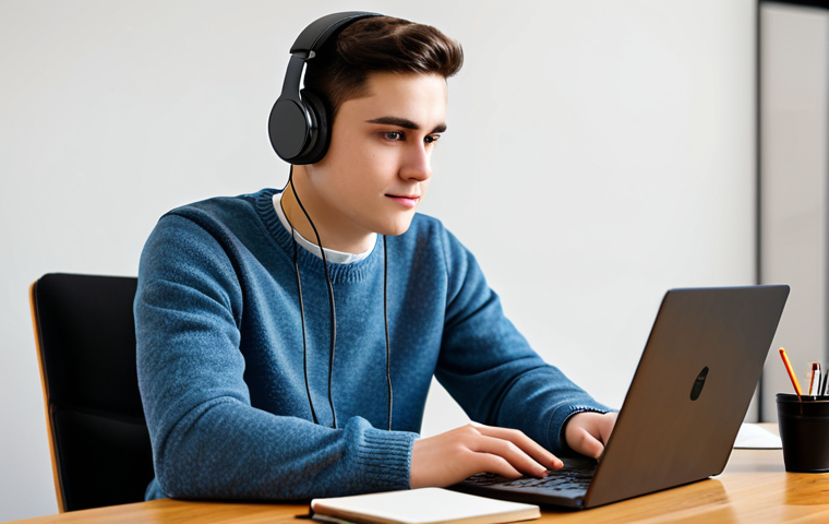 A focused young adult student, fully clothed in a modest sweater and jeans, wearing over-ear headphones, intently working on a laptop at a modern wooden desk. The desk is organized with open textbooks and a warm beverage. The background is a brightly lit, contemporary study room with soft, ambient lighting. The person has perfect anatomy, correct proportions, a natural pose, well-formed hands, and proper finger count. Professional photography, high quality, ultra-detailed, safe for work, appropriate content, professional, modest, family-friendly.